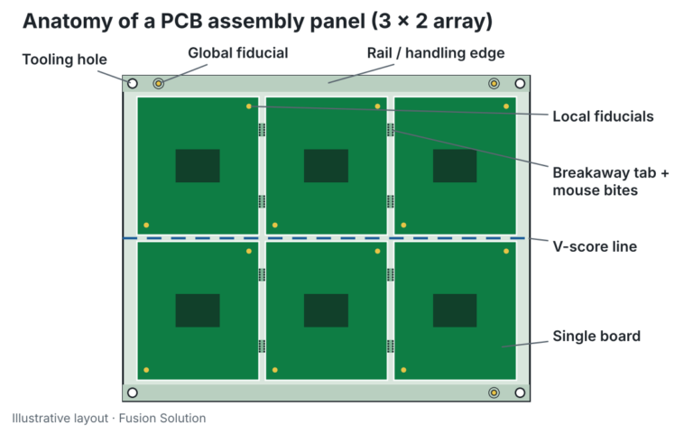 PCB panelization diagram showing rails, tooling holes, fiducials, V-score line and breakaway tabs on a 3x2 panel