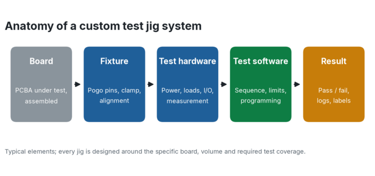 Block diagram of a PCB test jig system: board under test, fixture with pogo pins, test hardware, test software and pass or fail result